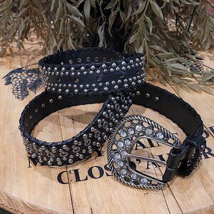 Hyde Collection Black Leather Silver Studded Western Rhinestone Belt Sz Medium